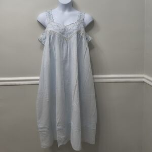 La Cera 100% Cotton Floral Embroidered Nightgown Blue Sz 1X Cottagecore Prairie